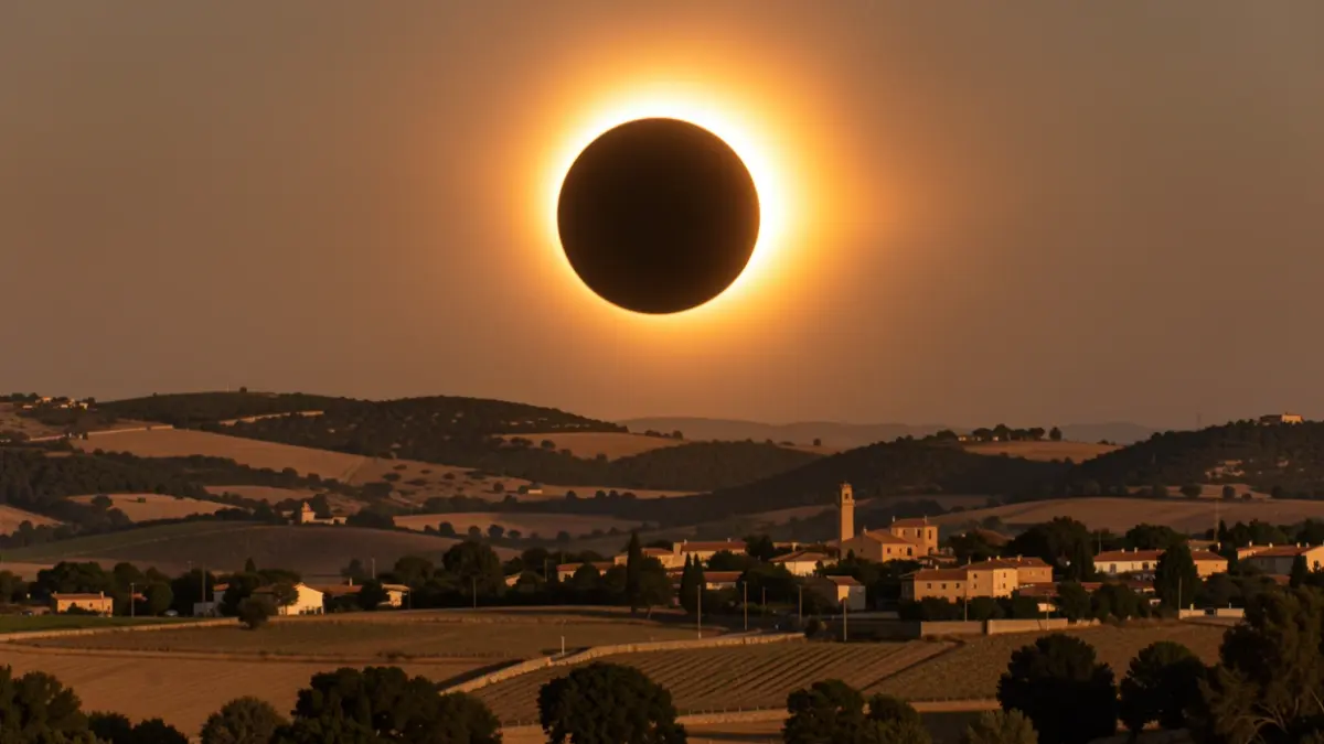 Imatge d'un eclipsi total de sol sobre el paisatge de l'Alt Camp.