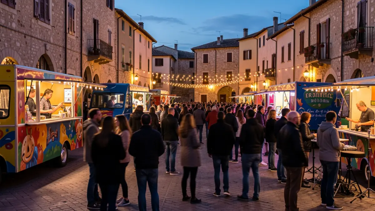 Festive atmosphere in l'Ampolla square at dusk with food trucks and music.