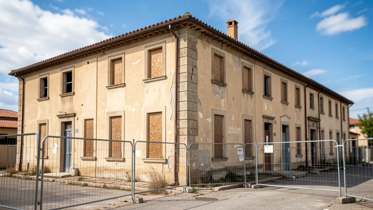 Generic image of an abandoned old factory with security measures.