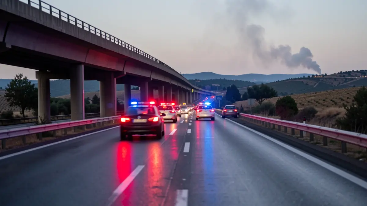 Imagen genérica de tráfico con luces de emergencia y humo a lo lejos.
