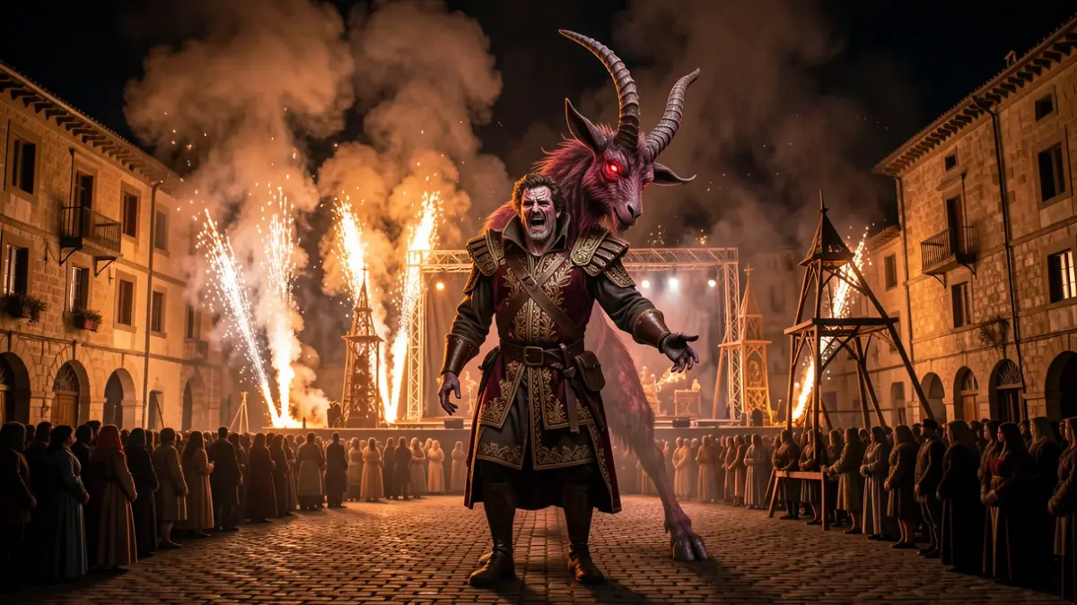 Night reenactment of King Philip V's madness and transformation into the Goat-Man during the Aquelarre of Cervera.