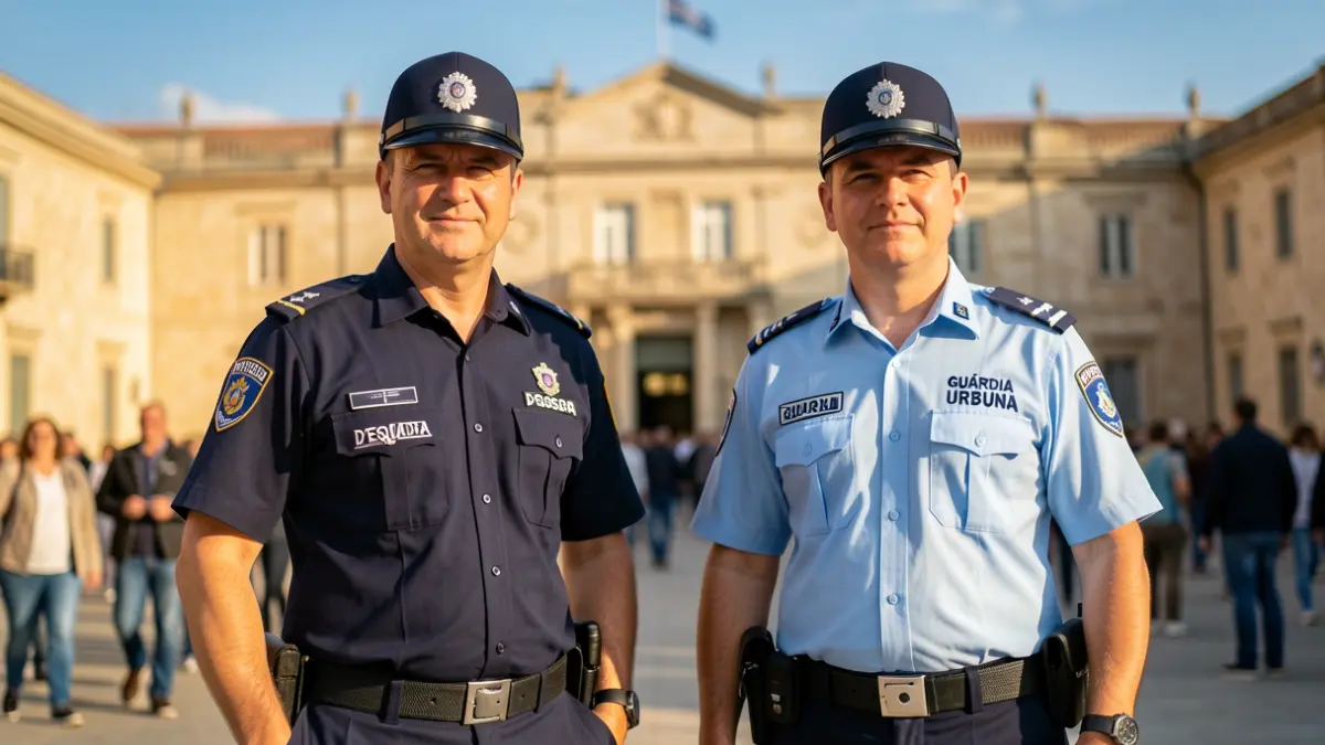 Generic image of Mossos d'Esquadra and Guàrdia Urbana police officers in front of a city hall.