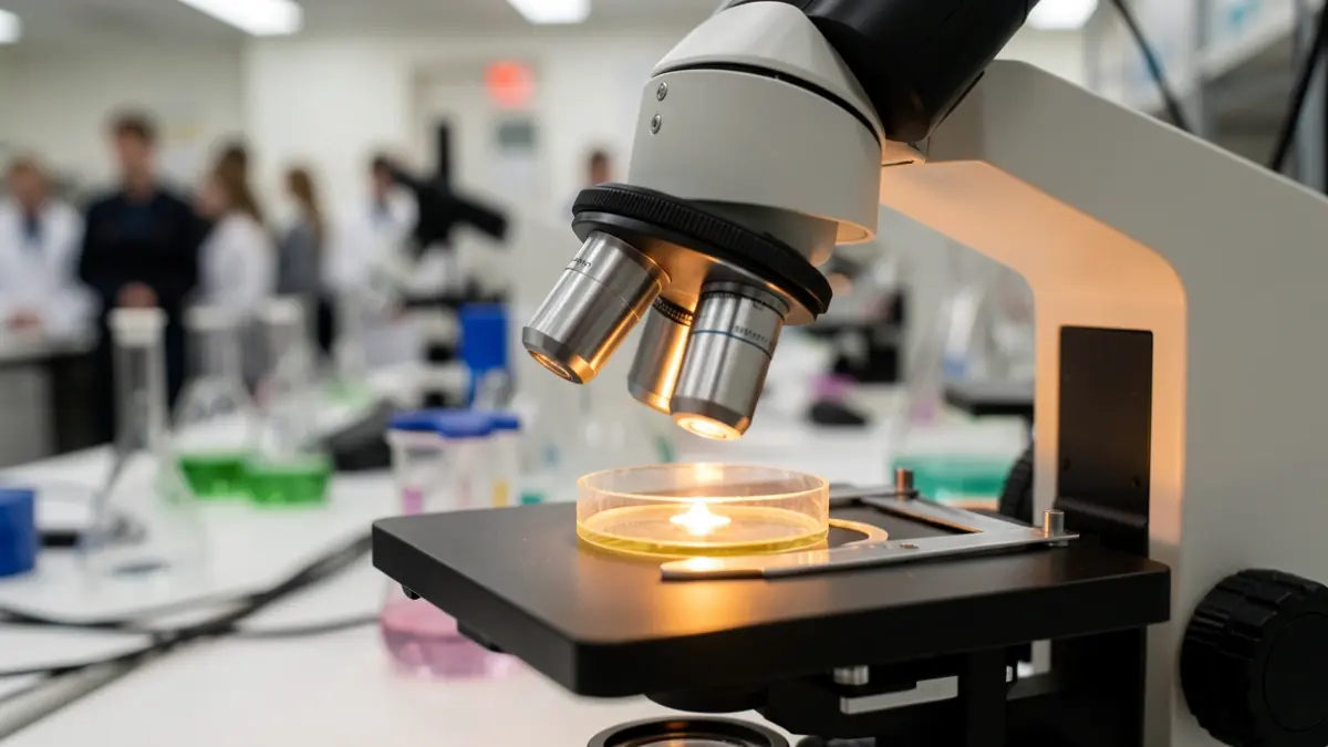 Imagen genérica de un microscopio de laboratorio iluminado.