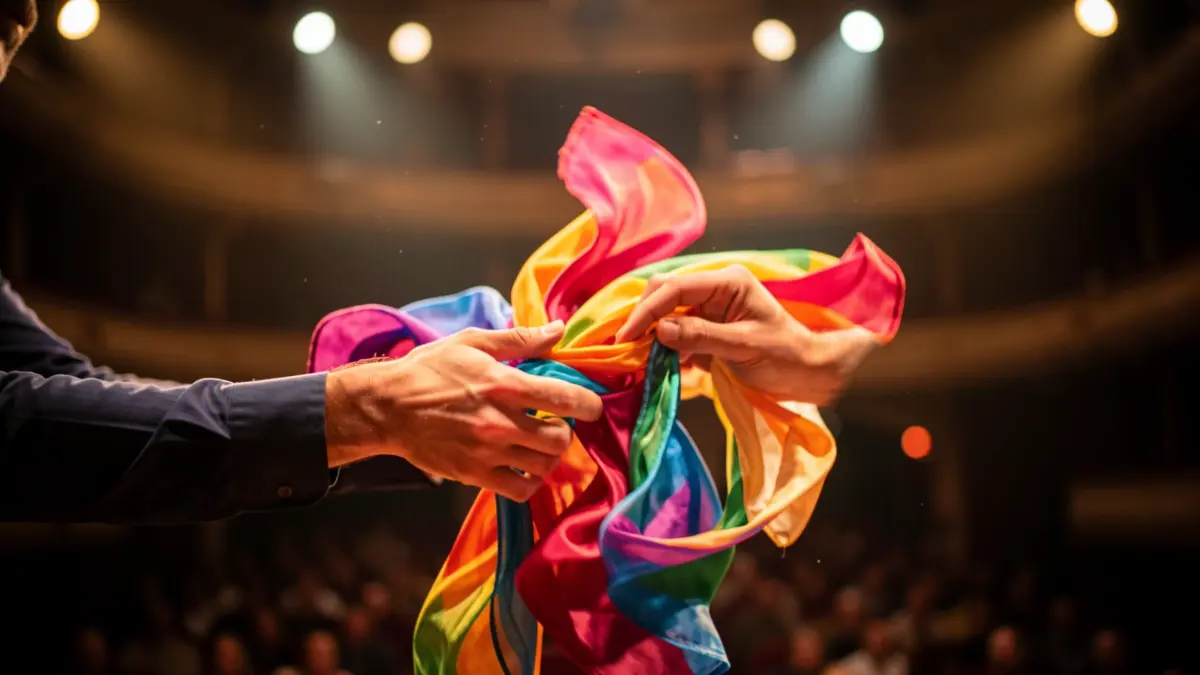 Ilusionista realizando un cambio de vestuario rápido en un escenario.