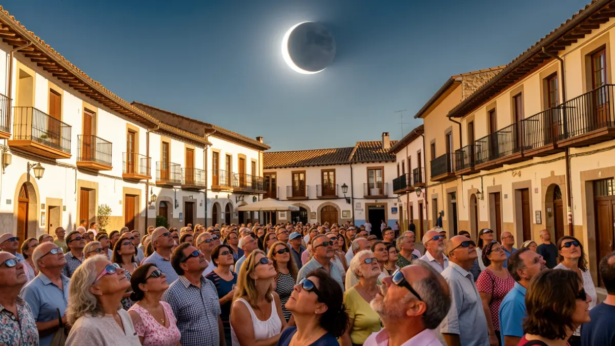 Gent mirant un eclipsi solar a la plaça de Reus.