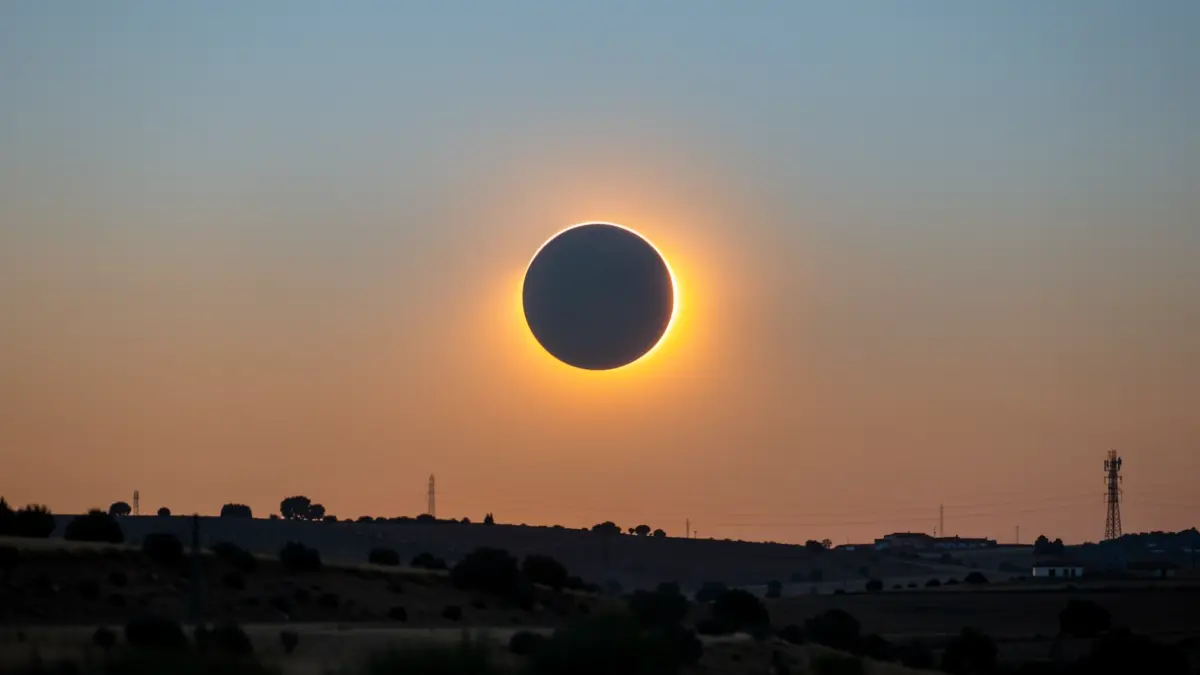 Dramatic view of a solar eclipse over a Spanish landscape with the sky transitioning.