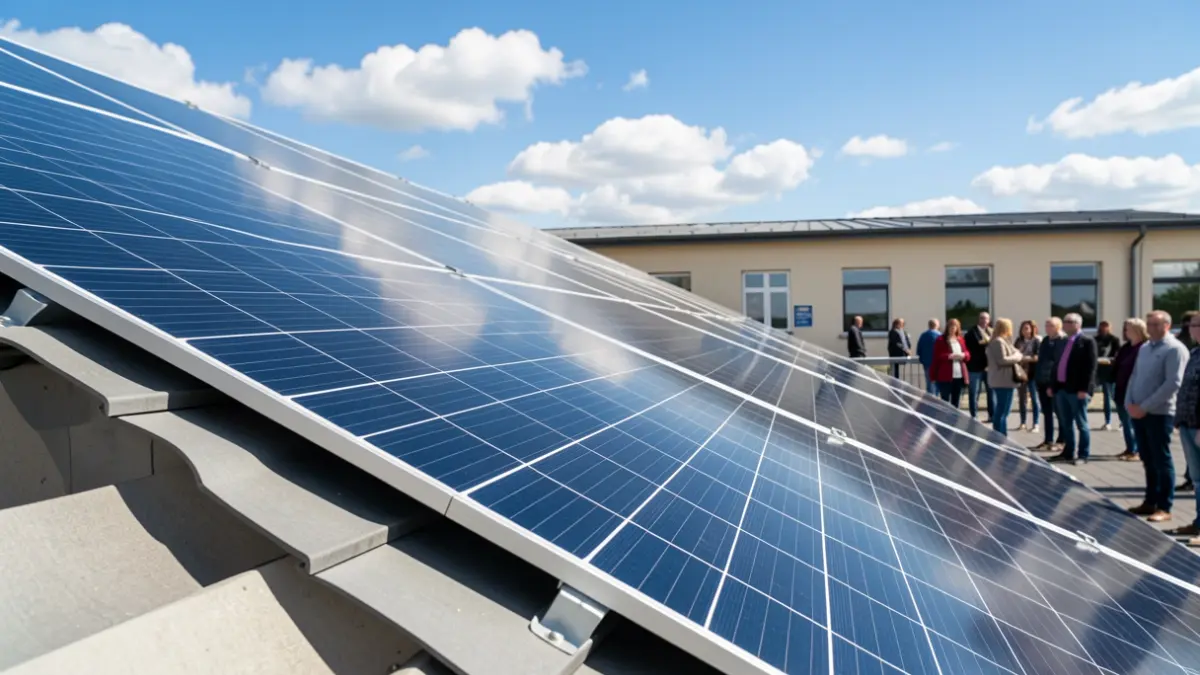 Instalación de paneles solares en la azotea de un centro educativo.