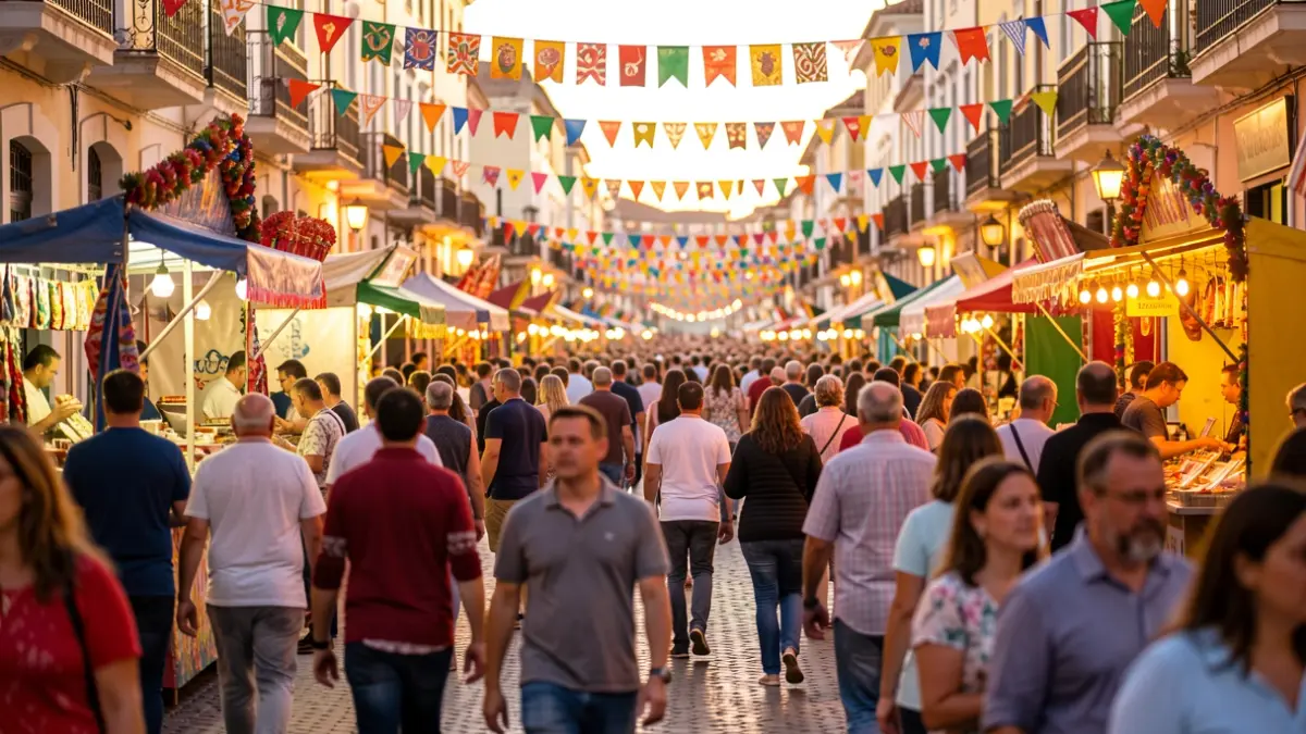 Imatge genèrica d'un ambient festiu a Sitges amb decoracions i gent al carrer.