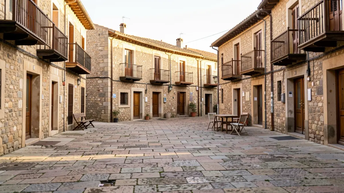 Generic image of a Catalan village square with stone paving and street furniture.