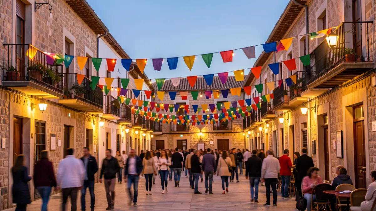 Ambiente festivo en la plaza de Les Cases d’Alcanar con luces y gente.