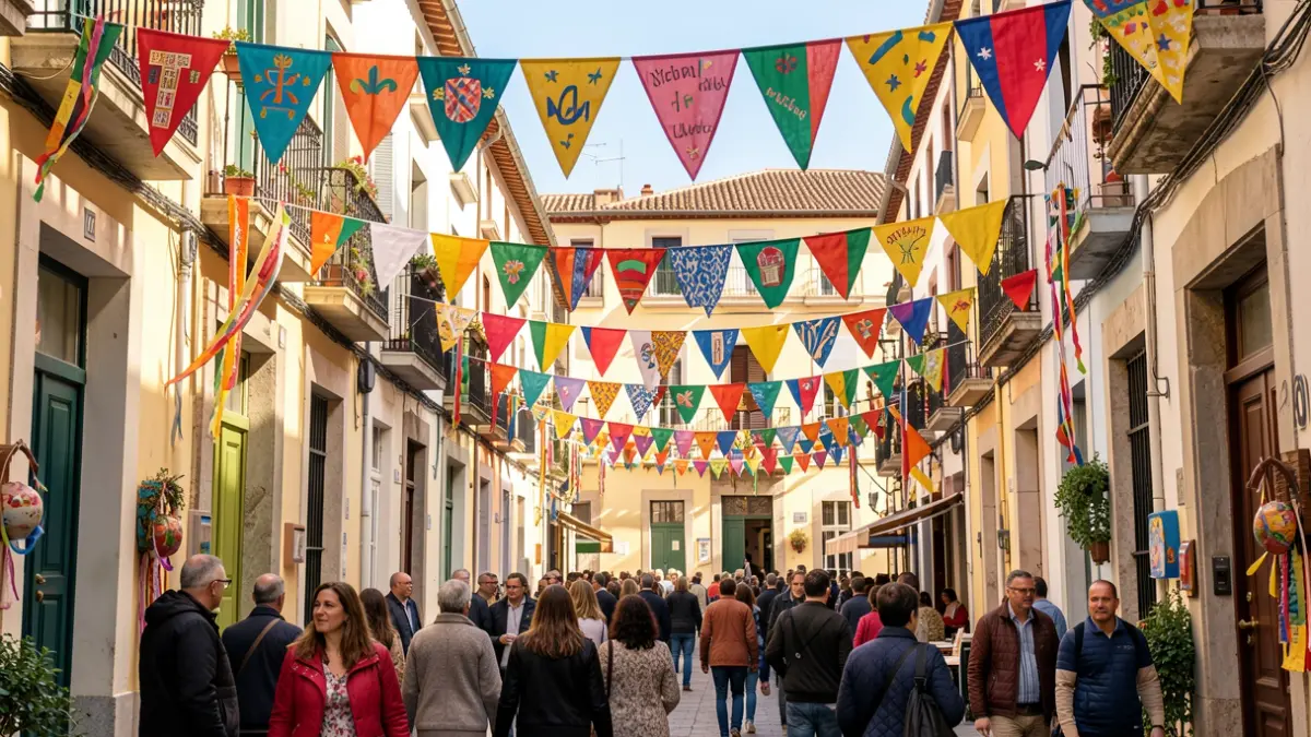 Street decorated during the Gràcia Festivals in Barcelona with people and colors.
