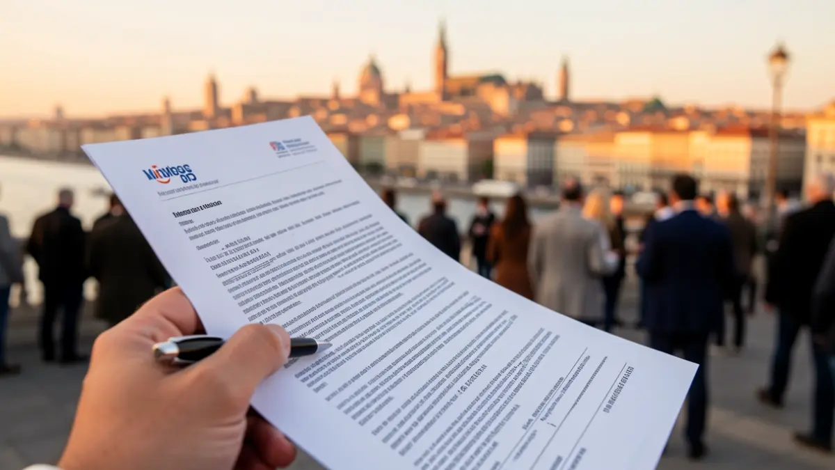 Imatge genèrica d'un document de hipoteca amb una mà i el perfil de Barcelona al fons.