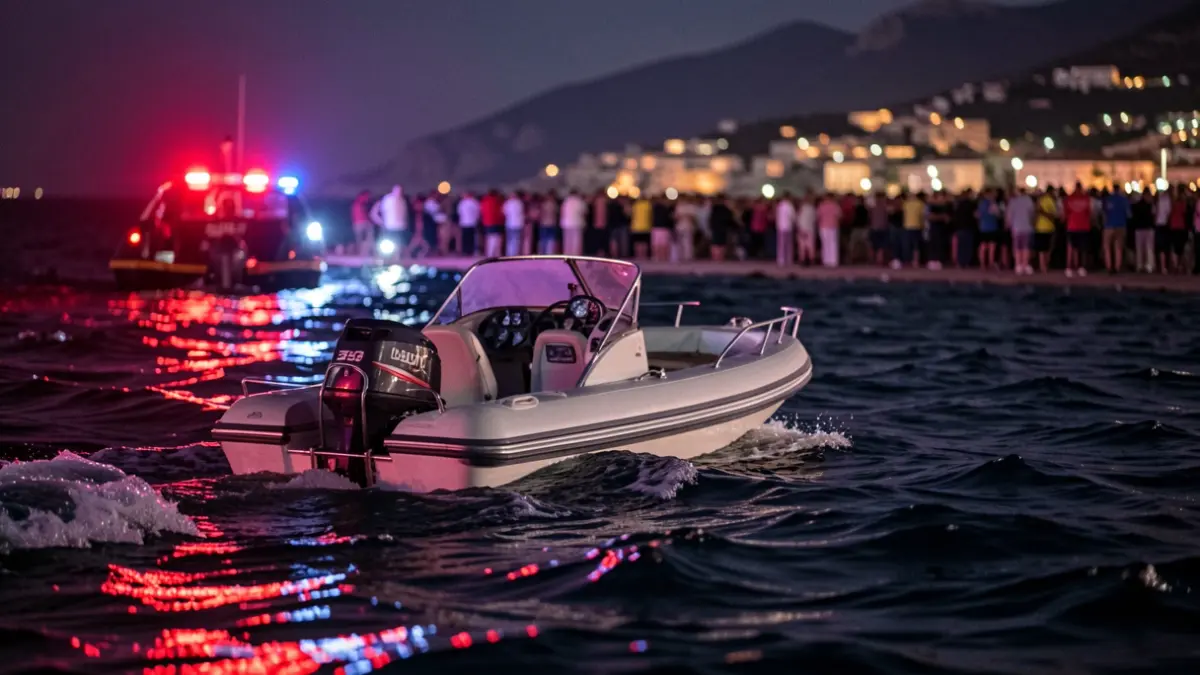 Generic image of a fast boat at night with emergency lights.