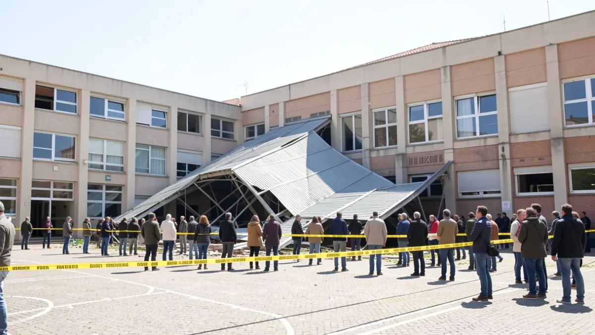 Vista exterior de l'escola Salvador Dalí de Figueres amb el gimnàs parcialment esfondrat.