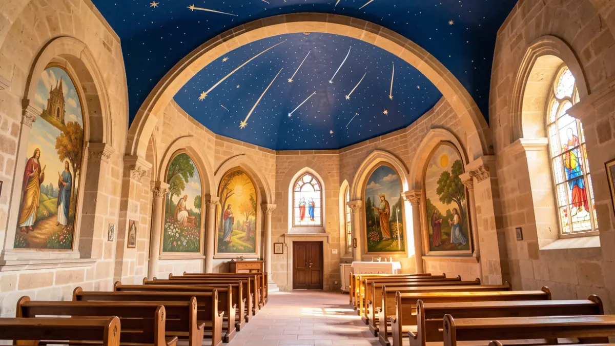 Renovated interior of the church of Das with a ceiling painted with stars and chapels depicting the seasons.