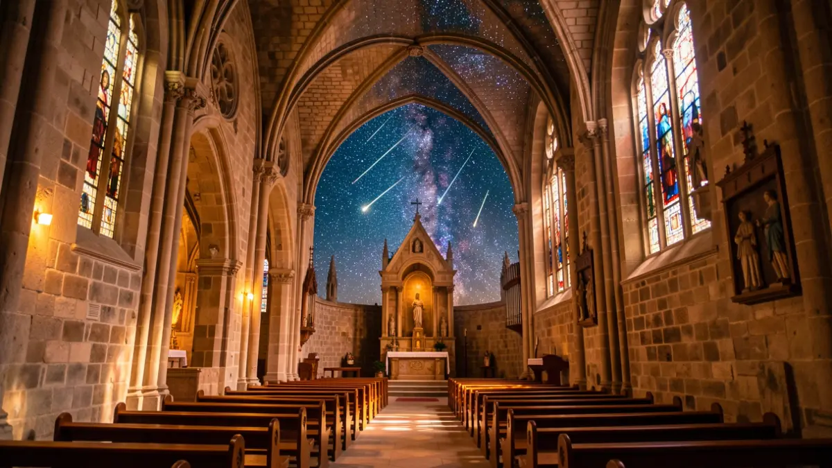 Interior de l'església de Sant Llorenç de Das transformat en un cel nocturn inspirat en els Perseids.