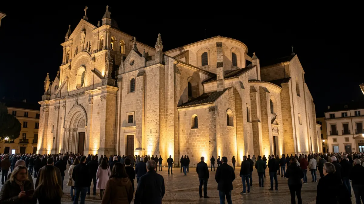 The Seu d'Ègara illuminated at night to highlight its architecture.