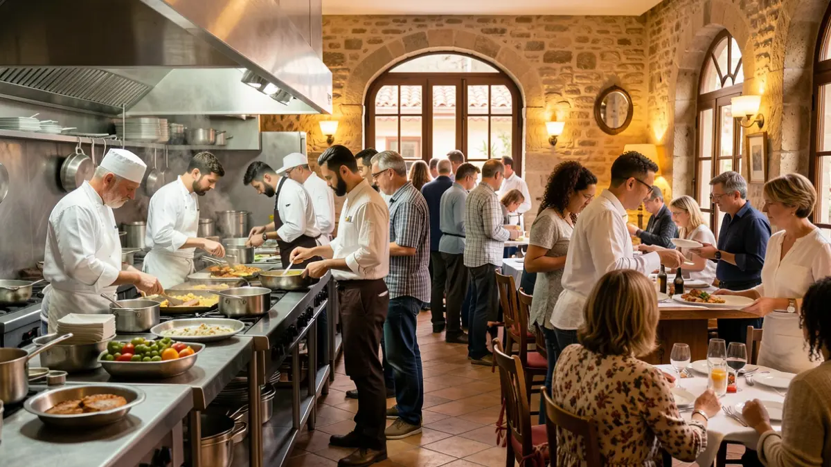 Imatge genèrica de cuiners i cambrers treballant en un restaurant multicultural a Barcelona.