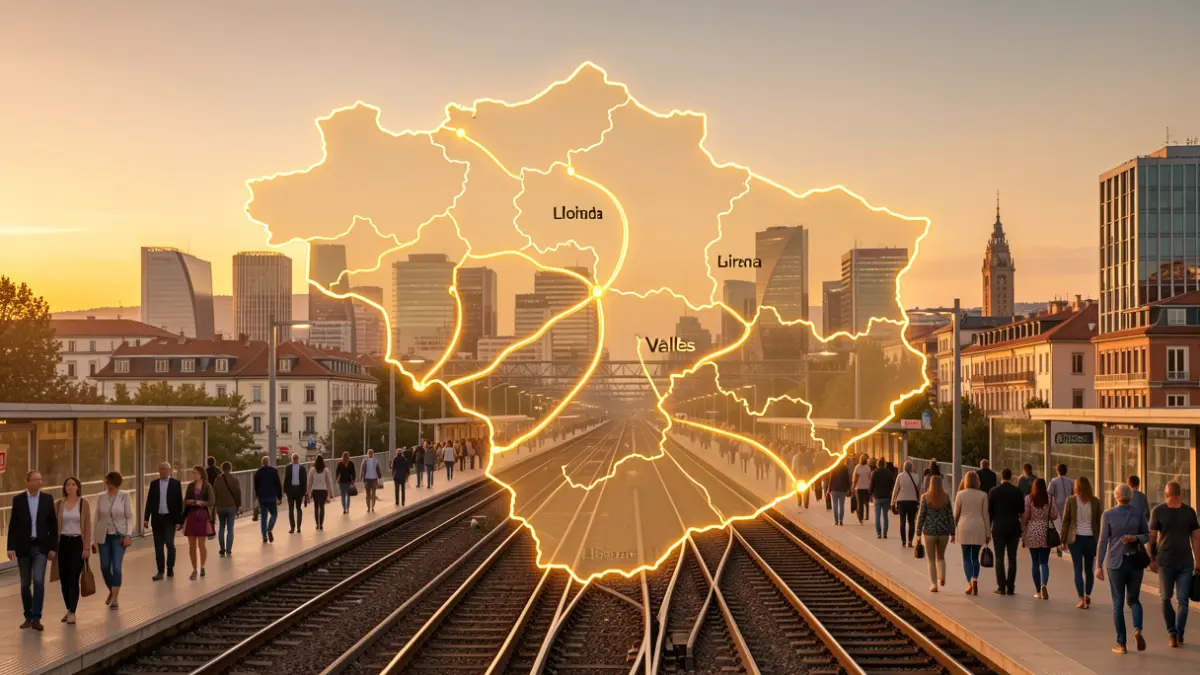 Conceptual map of the Catalan Transversal Railway Axis, connecting Lleida, Vallès, and Girona with Barcelona.