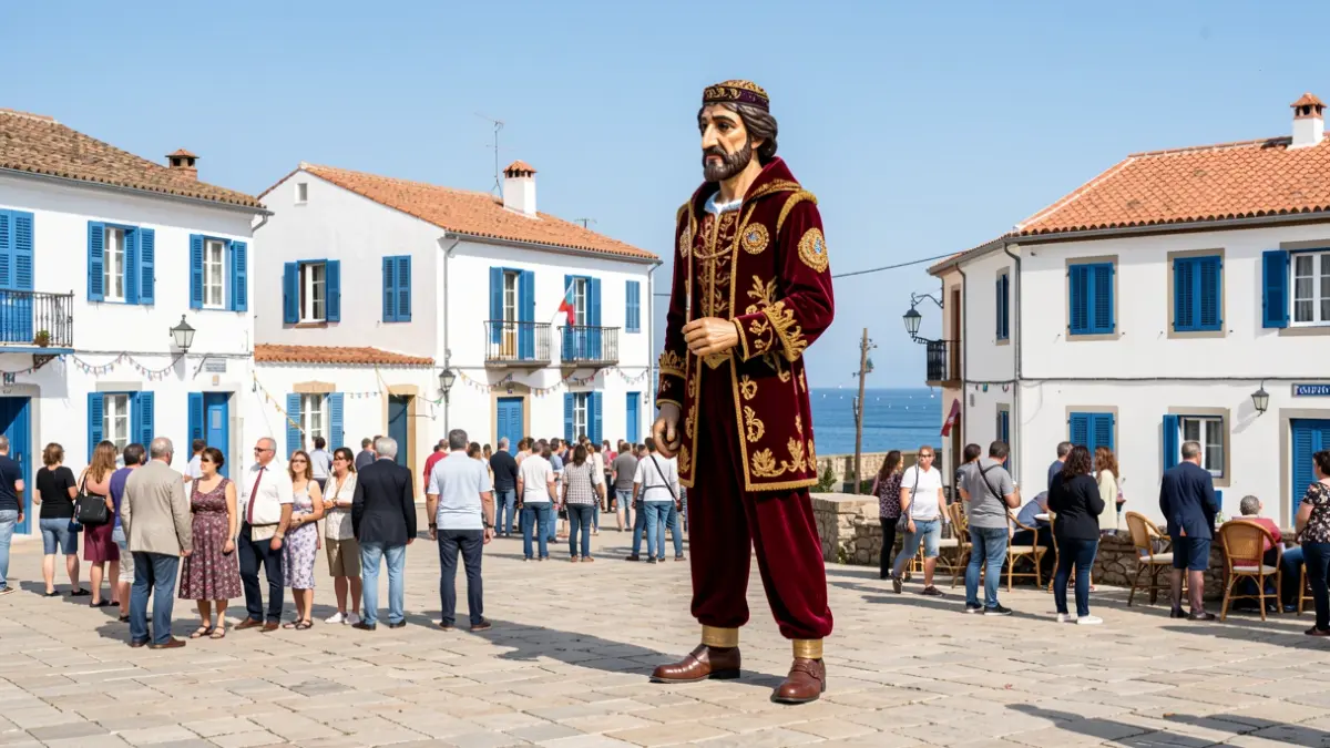 Un gegant tradicional català a la plaça de Llafranc, amb arquitectura mediterrània.