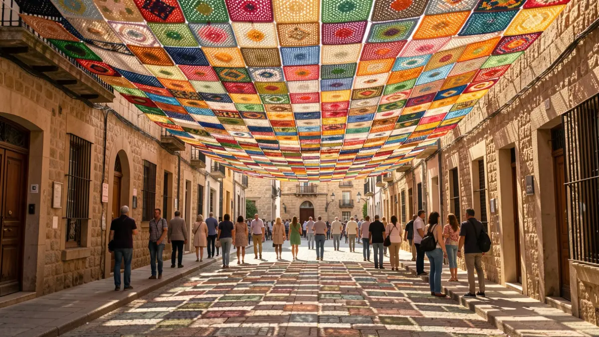 Community textile installation providing shade on Cavallers street in Lleida.
