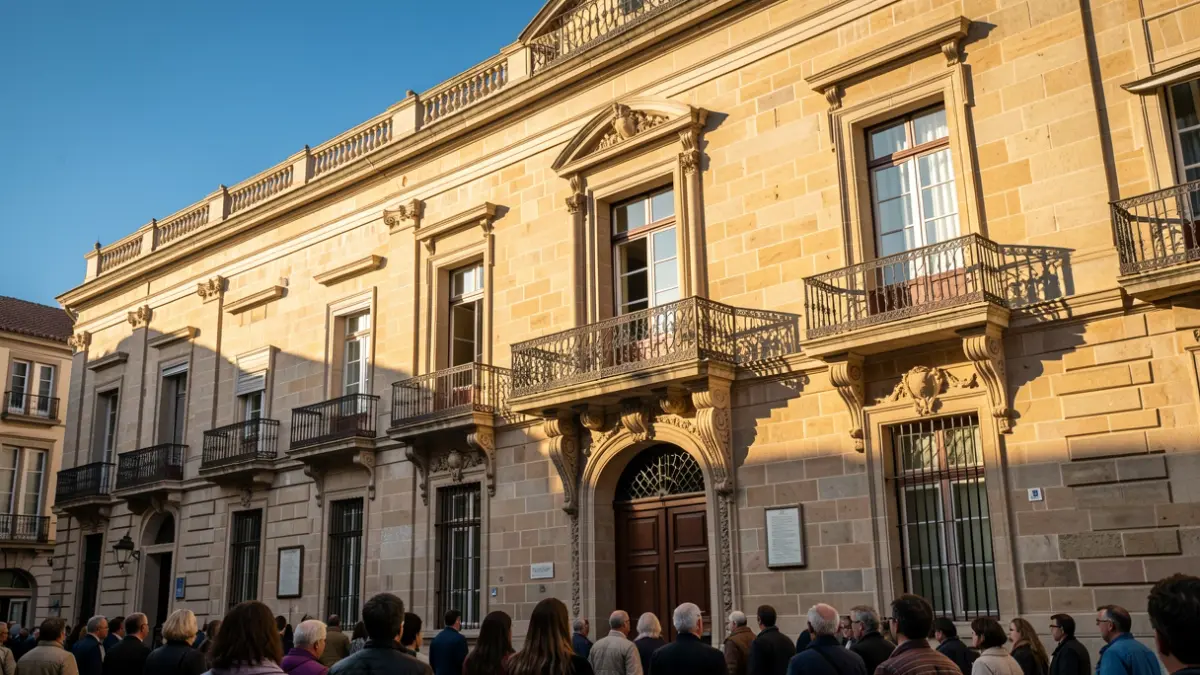 Generic image of a Catalunya town hall facade with a balcony and iron railings, warm afternoon light.