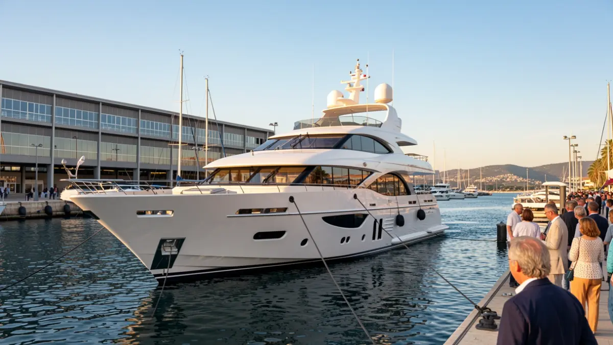 Imatge genèrica d'un megaiot atracat en un port amb drassanes al fons.