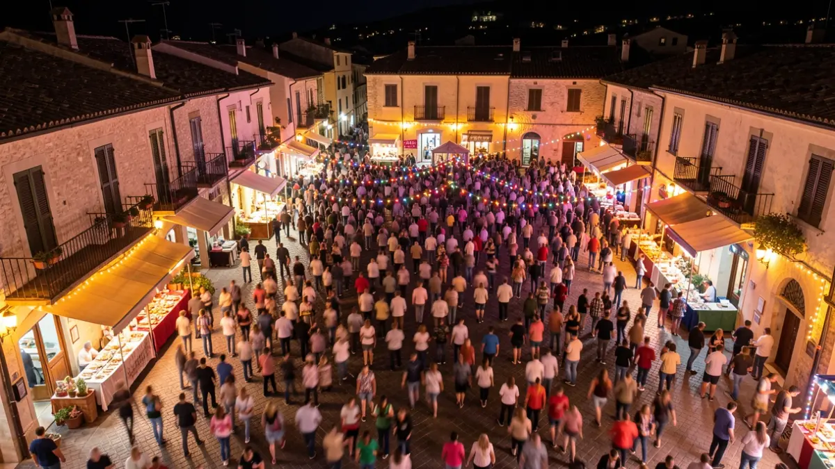 Aerial view of a crowded town square during a festival at night in a Mediterranean town.
