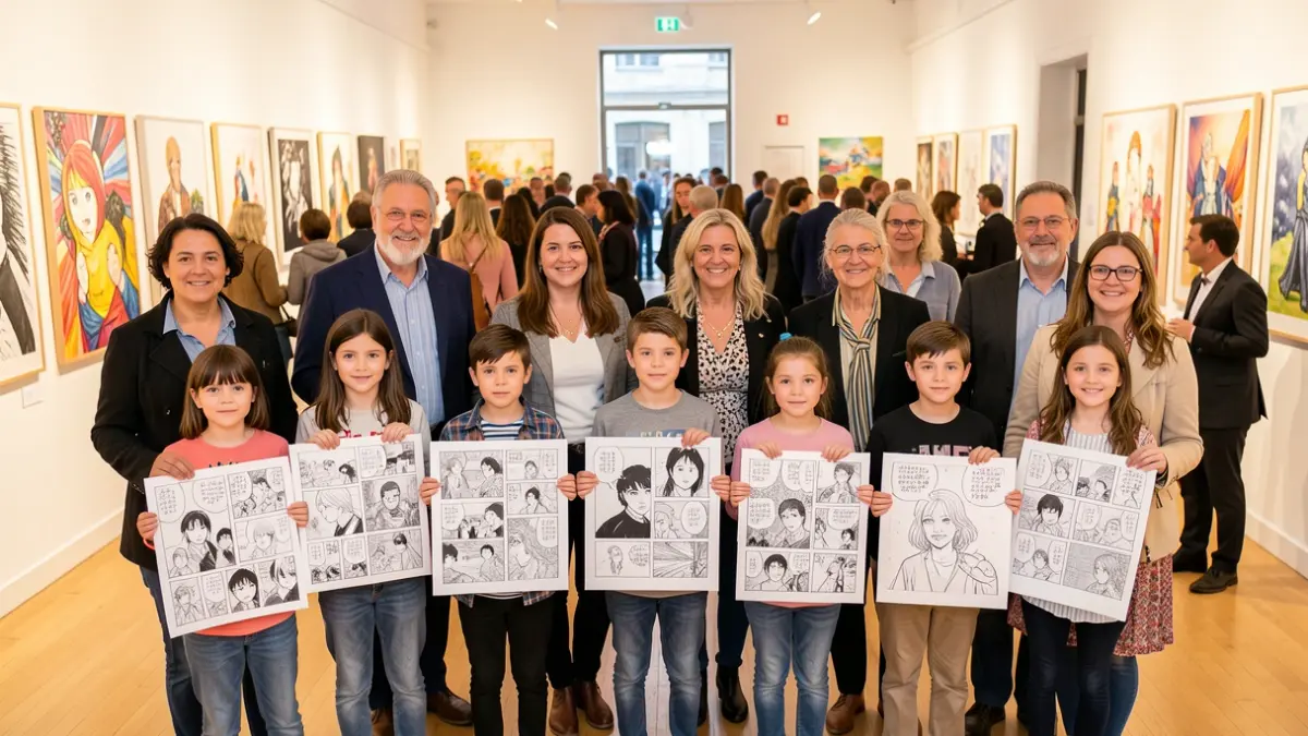 Premiados del Concurso Manga de Manlleu mostrando sus ilustraciones.