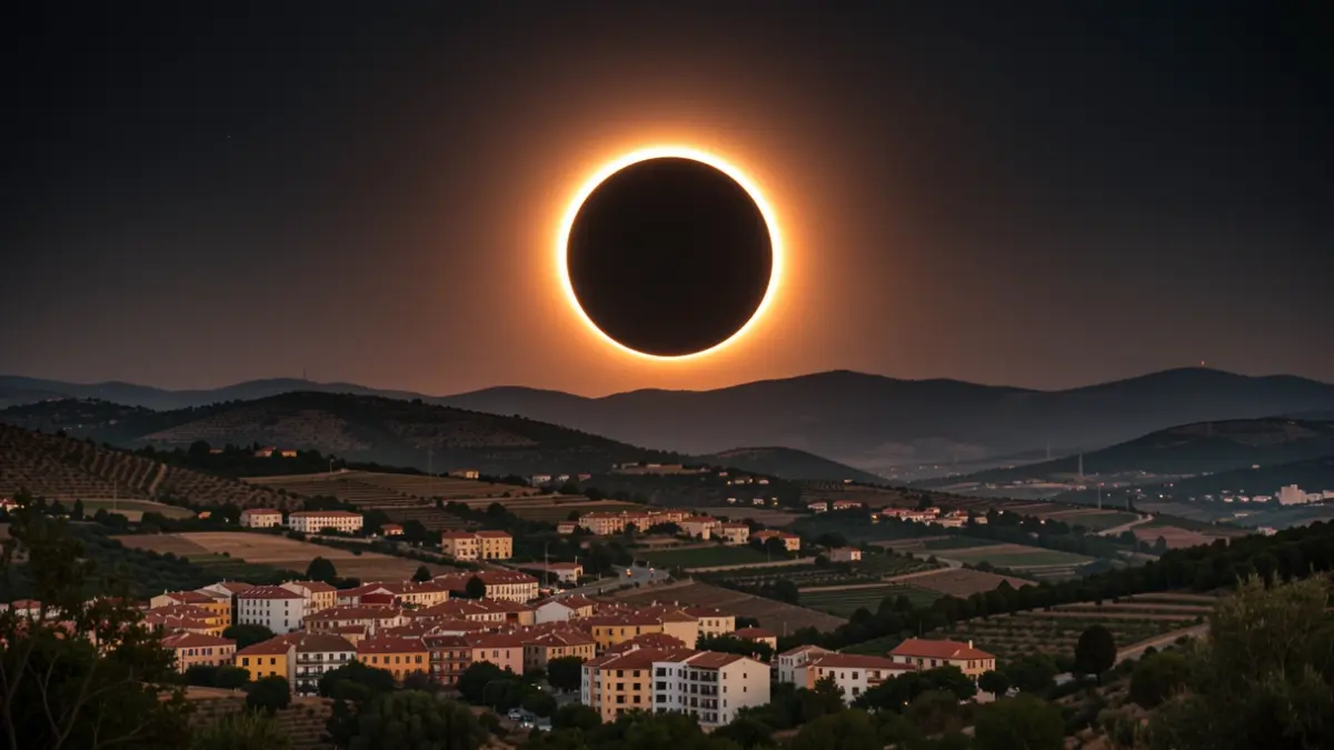 View of a solar eclipse over the Catalan landscape with Manlleu in the foreground.