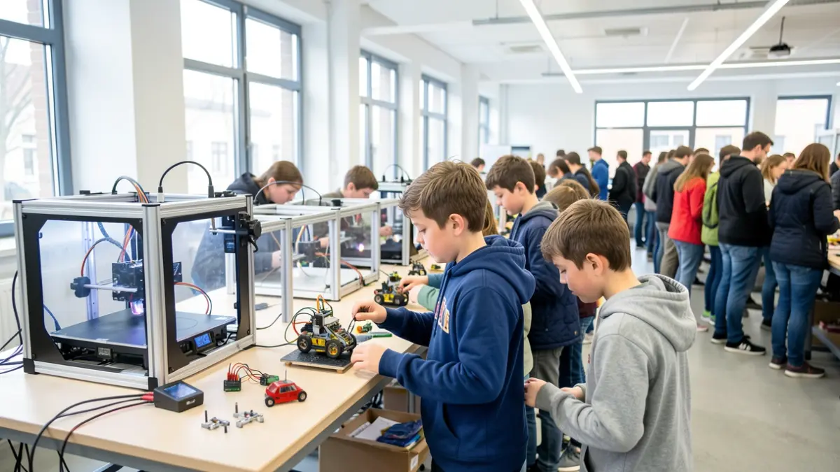 Young people participating in a digital fabrication workshop with 3D printing.