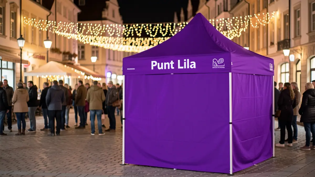 Generic Lila Point tent in a square during a festival.