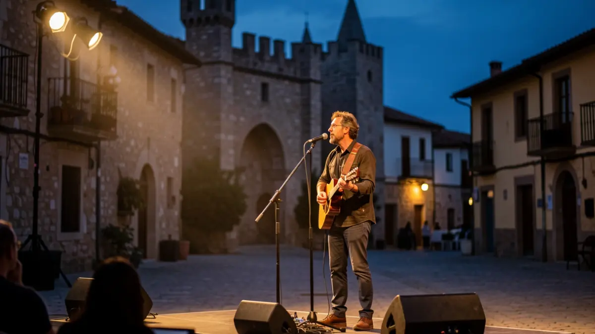 Marc Parrot performing solo on a stage in a Catalan town square at dusk.