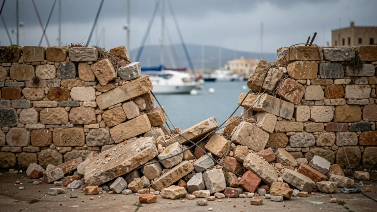 Muro derrumbado por la tormenta en el Puerto de Roda de Berà.