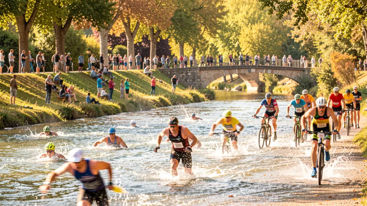 Imagen genérica de un triatlón con atletas corriendo, pedaleando y nadando en un entorno natural.