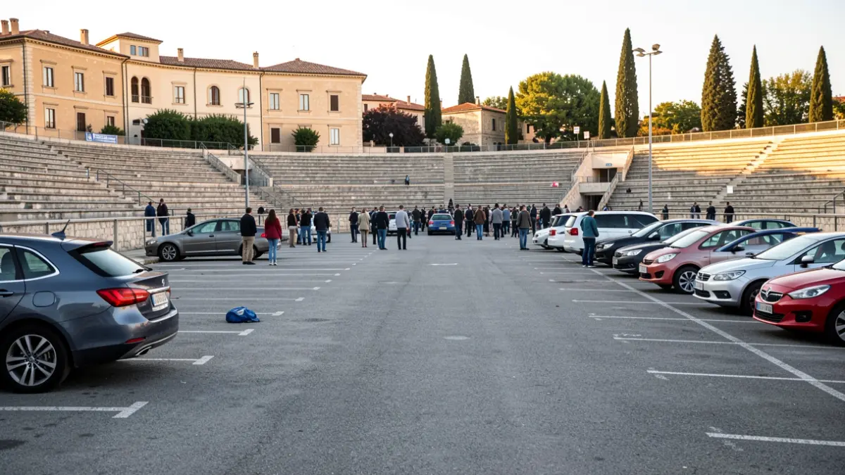 Aparcamiento genérico cerca de un estadio.