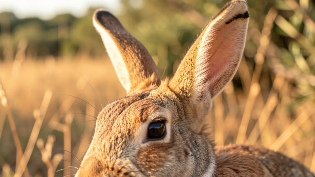 Close-up of a rabbit with Mediterranean vegetation in the background.