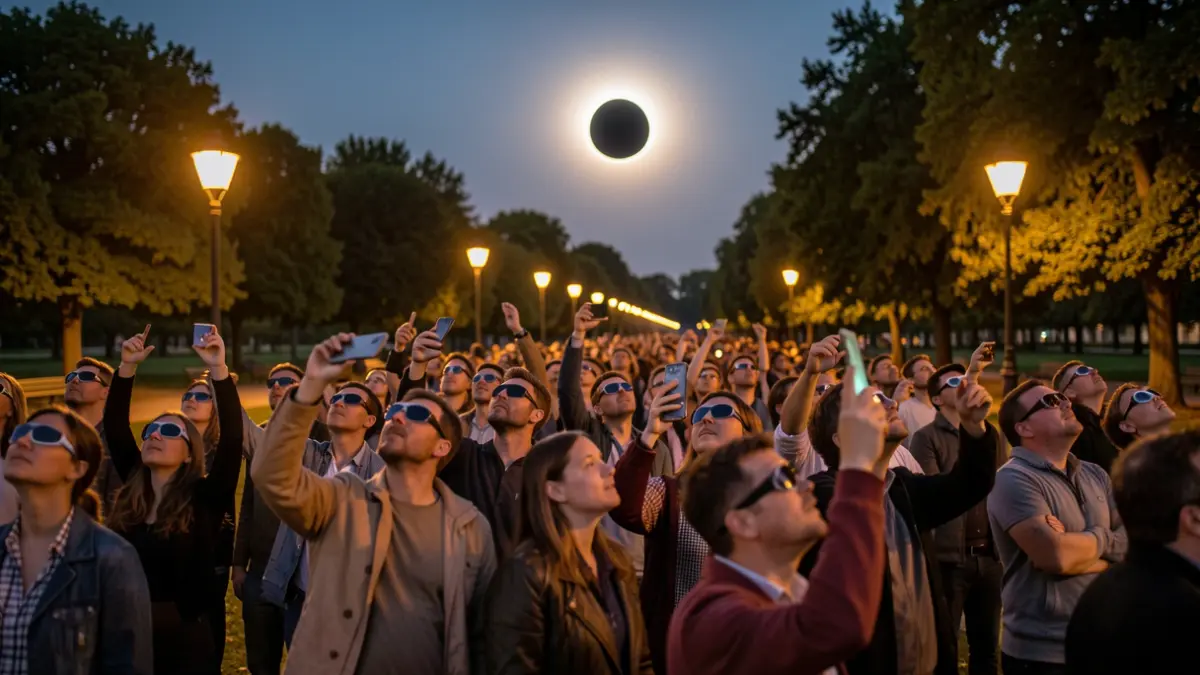 People gathered in a park during a partial solar eclipse, looking at the sky with special glasses.
