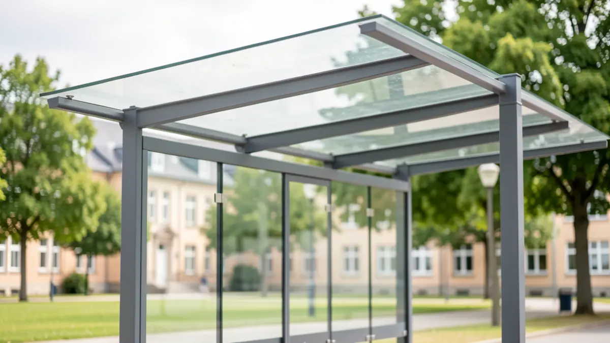 Generic image of a modern bus stop near a university campus.