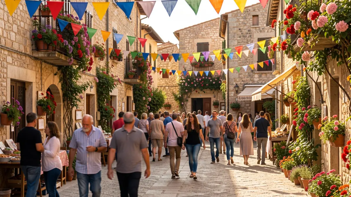 Generic image of a town square decorated for a local festival.