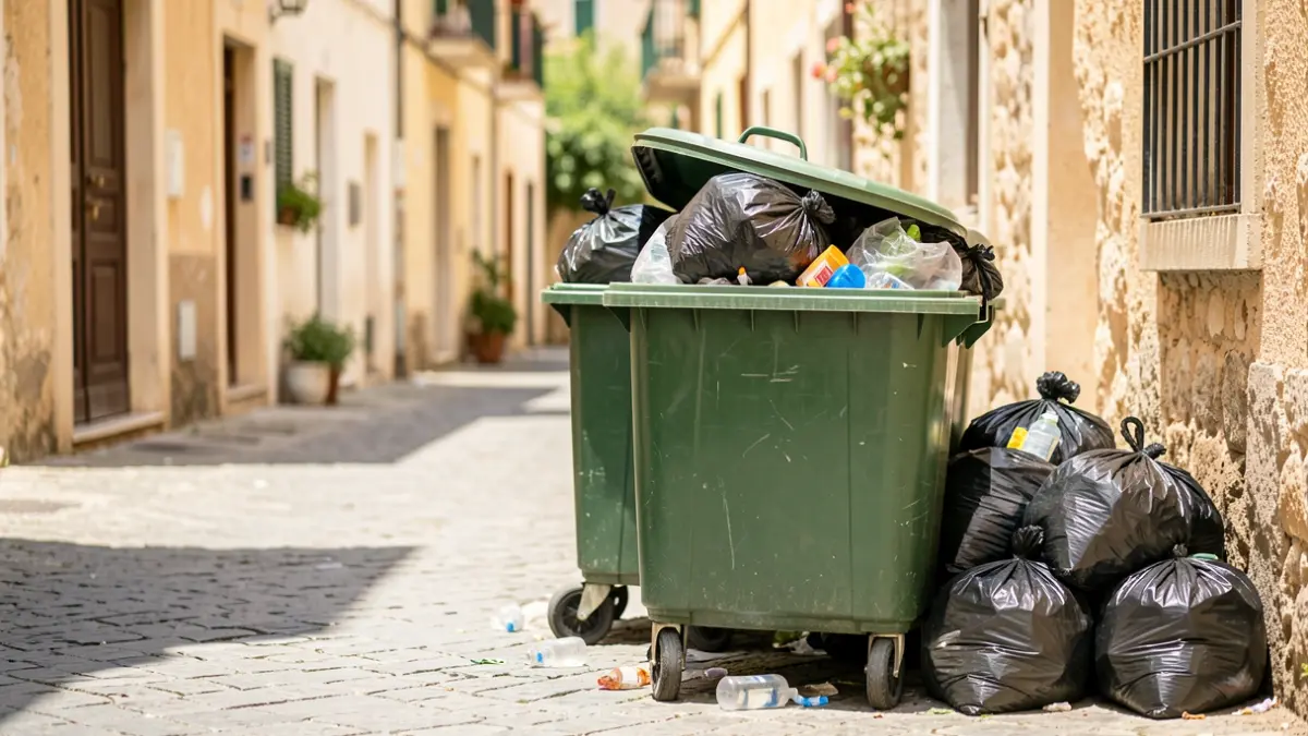 Contenidors desbordats d'escombraries al carrer en un municipi costaner durant l'estiu.