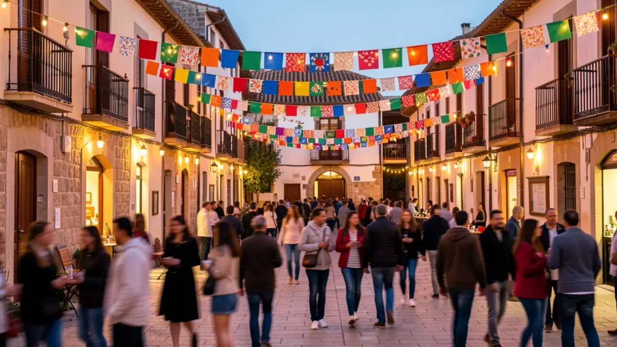 Ambiente festivo en la plaza de Montferri con decoraciones y gente al fondo.