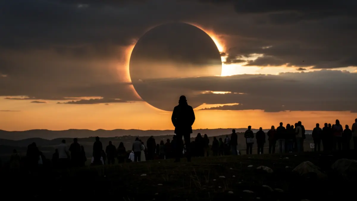 Imagen genérica de un cielo con eclipse parcial visto desde una colina en Catalunya.