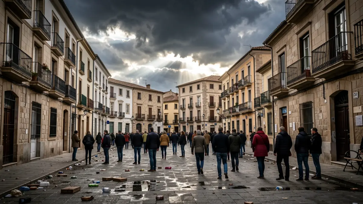 Stormy sky over a Catalan town square with storm debris.