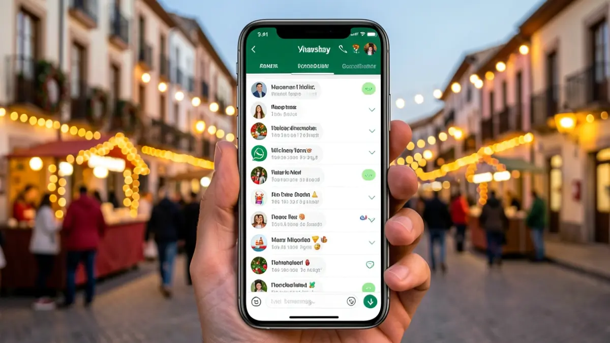 Pantalla de móvil con un chat de WhatsApp sobre la Fiesta Mayor de Móra d'Ebre, con imagen de fondo de la celebración.