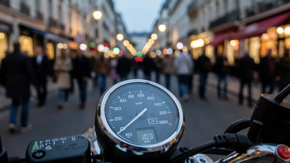 Motorcycle speedometer showing 103 km/h in an urban setting.