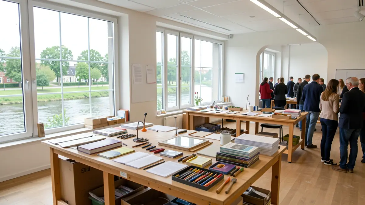 Sala d'activitats educatives del Museu del Ter amb materials i vistes al riu.
