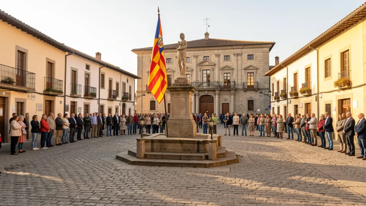 Imatge genèrica de la plaça de l'Ajuntament de Mollerussa amb el monument a la Senyera.