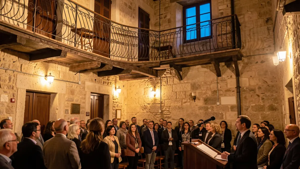 Imatge genèrica d'un ajuntament català amb un micròfon.