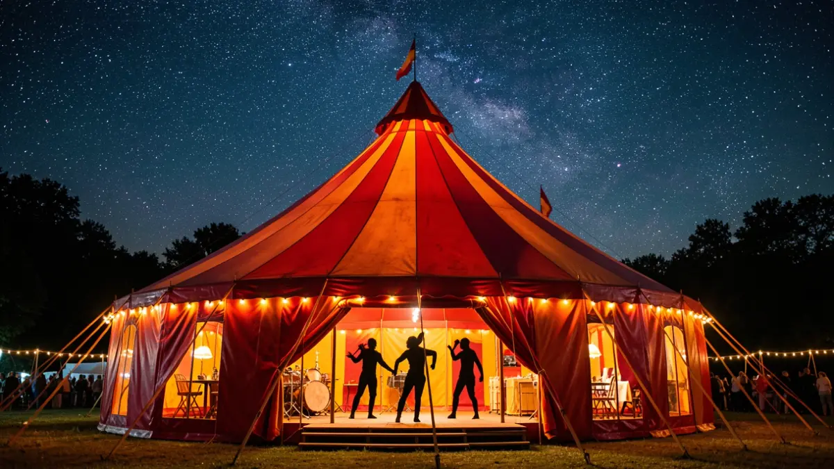 Carpa de circo iluminada por la noche bajo un cielo estrellado.